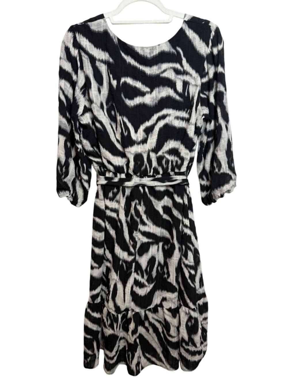 Luxology Womens Size L Black White Tiered Midi Dress Belted Puff Sleeve - Picture 2 of 13